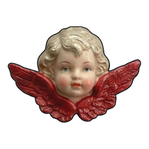 Vintage cherub head with red wings printed wood cutout