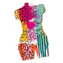 Tall colorful abstract patterned torso printed wood cutout