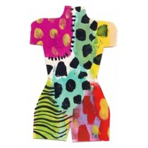 Pink green black spotted patchwork torso printed wood cutout