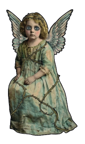 Vintage blue dress winged angel girl wood cutout