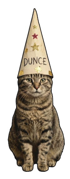 Vintage tabby cat wearing a dunce cap wood cutout