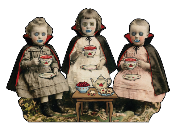 Three vintage vampire girls having a tea party wood cutout