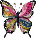 Colorful whimsical butterfly with pink, yellow, blue and black patterned wings