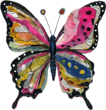 Colorful whimsical butterfly with pink, yellow, blue and black patterned wings