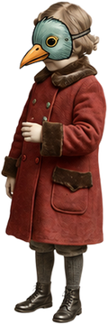 Anthropomorphic bird woman wearing a red vintage coat