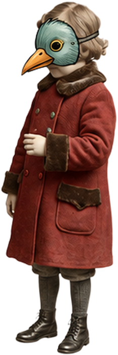 Anthropomorphic bird woman wearing a red vintage coat