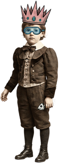 Crowned vintage boy wearing blue goggles and dark clothing