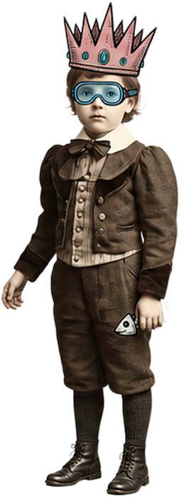Crowned vintage boy wearing blue goggles and dark clothing