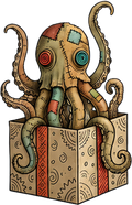 Whimsical octopus emerging from a decorated gift box