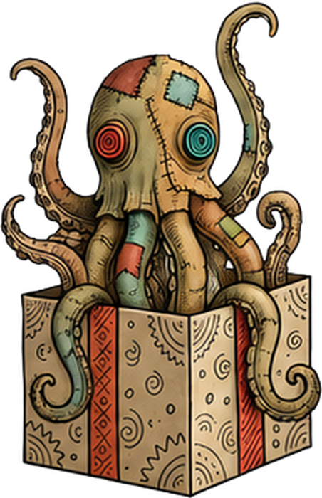Whimsical octopus emerging from a decorated gift box