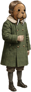 Anthropomorphic walrus boy wearing a long green coat