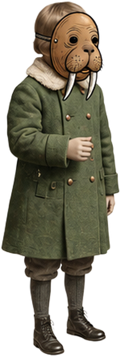 Anthropomorphic walrus boy wearing a long green coat