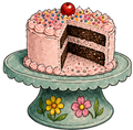 Pink layer cake with sprinkles and cherry displayed on a blue pedestal cake stand