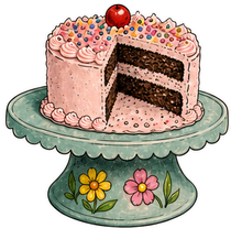 Pink layer cake with sprinkles and cherry displayed on a blue pedestal cake stand