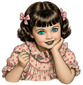 Whimsical vintage girl holding a fork with a bite of pink cake