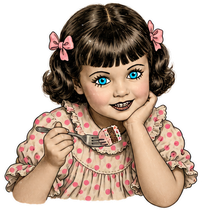 Whimsical vintage girl holding a fork with a bite of pink cake