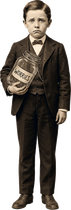 Vintage boy in a dark suit holding a jar labeled Worries