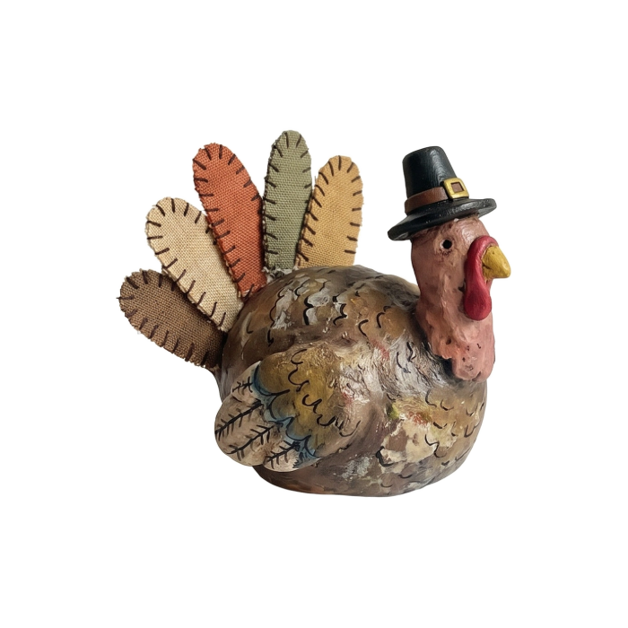 Folk art turkey with stitched tail feathers and pilgrim hat