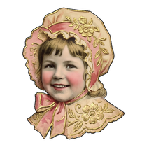 Smiling child in pink floral bonnet printed wood cutout