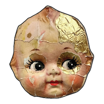 Cracked antique doll face printed wood cutout