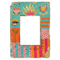 Turquoise orange folk floral frame printed wood cutout