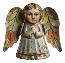 Vintage angel ornament with metal wings and painted child face