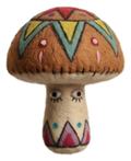 Whimsical vintage mushroom figure with sleepy face and geometric cap