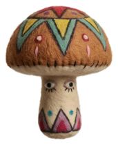 Whimsical vintage mushroom figure with sleepy face and geometric cap