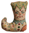 Whimsical fabric jester stocking with painted face and colorful dots