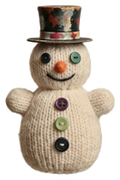 Whimsical knitted snowman doll with top hat and button details
