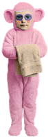 Pink monkey character holding a tan towel