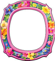 Blue pink yellow orange floral frame facade wood cutout