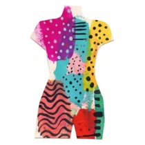 Pink teal yellow patchwork patterned torso printed wood cutout
