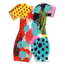 Red teal black abstract patchwork torso printed wood cutout