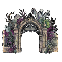Overgrown ghostly haunted mansion facade arch printed wood cutout