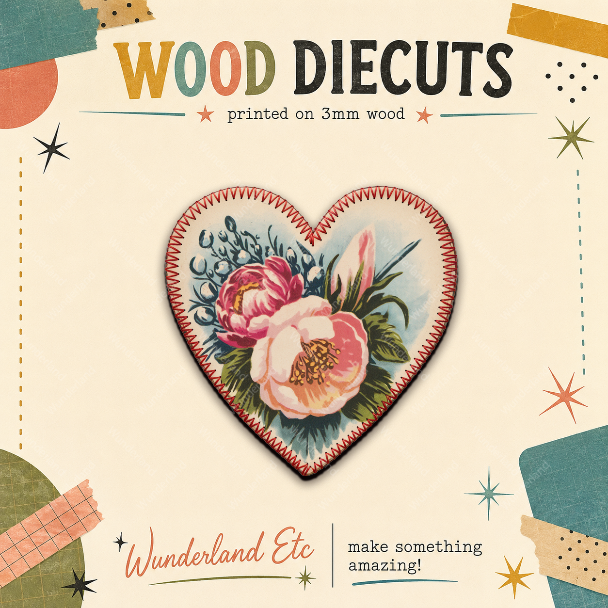 Floral Stitched Heart Wood Cutout